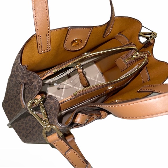 Michael Kors Emilia Small Triple Compartment Satchel Crossbody Brown MK Logo - Picture 3 of 6